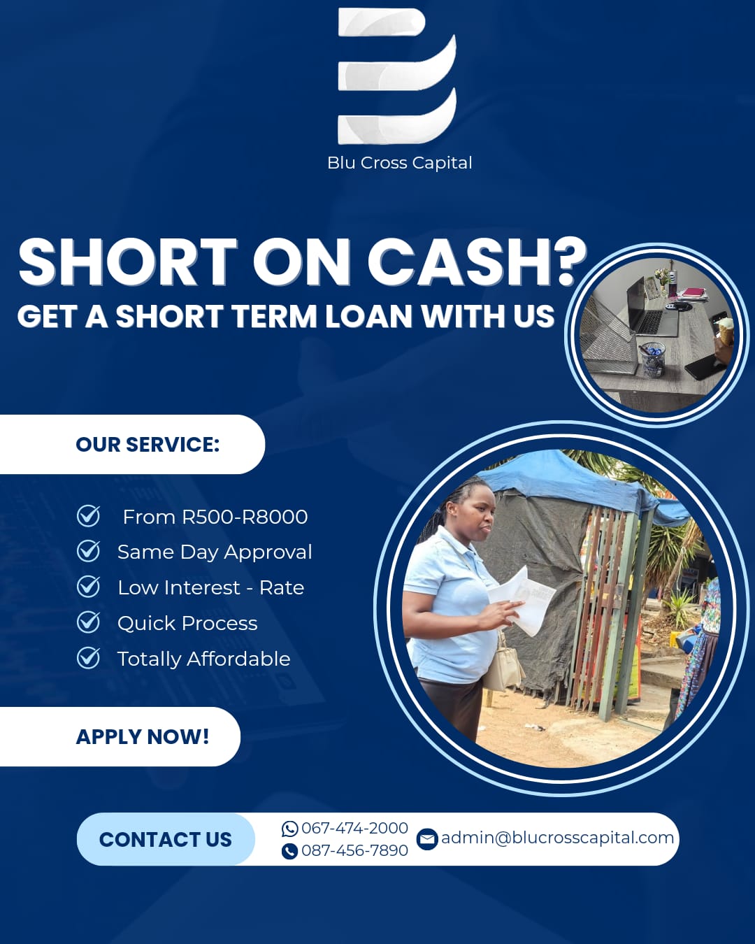 BluCross Capital poster promoting affordable short-term loans